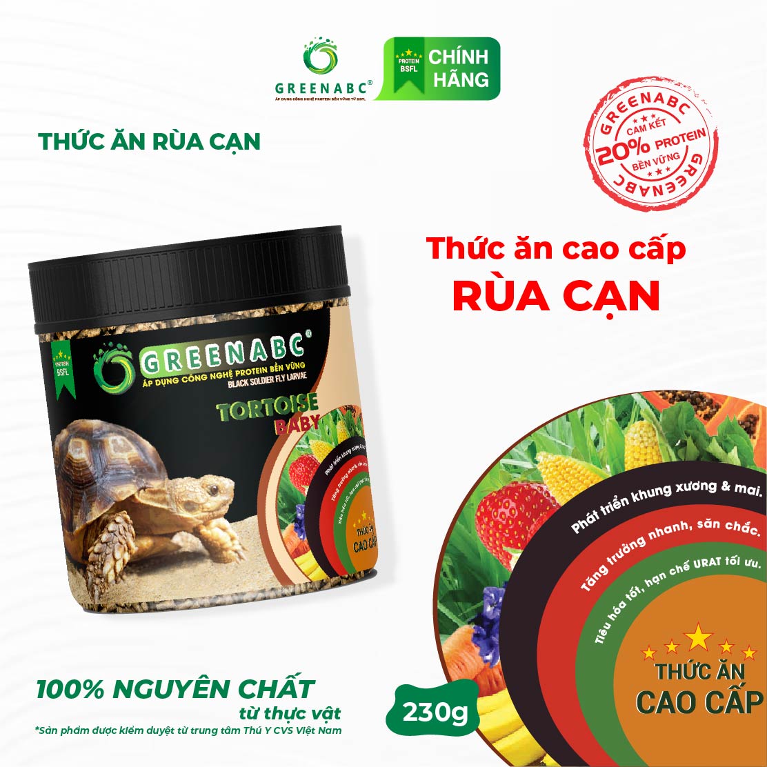 Thức ăn Rùa Cạn Sulcata, Tortoise GREENABC- Hạn chế urat , tăng size, mai xương chắc khỏe - Hộp 230g