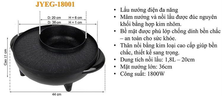 Lẩu nướng điện đa năng Joyful Life JYEG-18001 (1.8 Lít - 1800W) - Hàng Chính Hãng