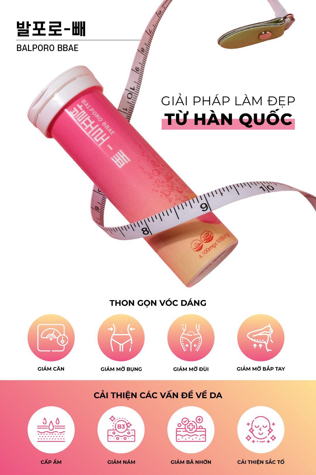 Viên sủi chuyển hoá chất béo Balporo BBae Hàn Quốc, hỗ trợ giảm cân, dưỡng da sáng mịn, phân phối độc quyền bởi BBae Lab