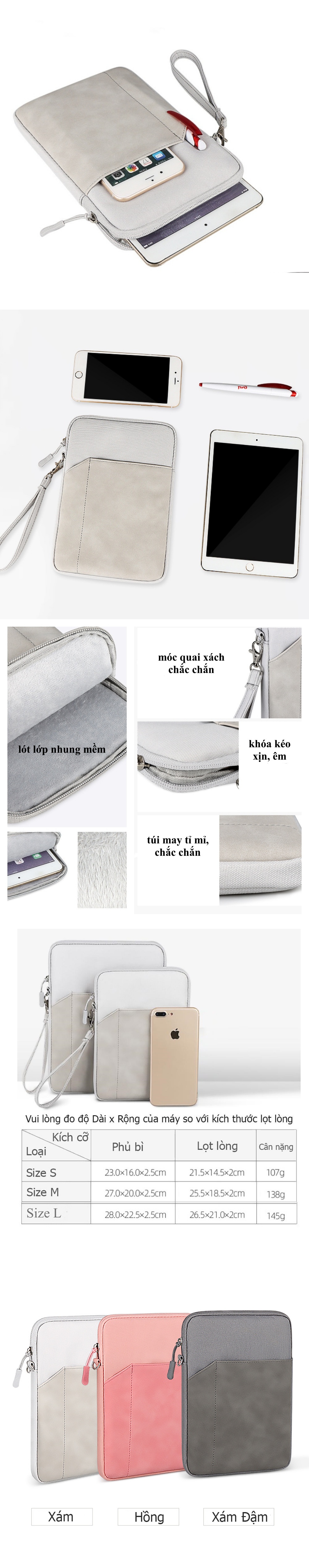 Túi chống sốc đựng iPad, máy tính bảng 2 ngăn kèm khe cắm bút, có quai xách nhiều size 8in, 9.7in, 10.2in, 10.5in, 11in - Hàng chính hãng
