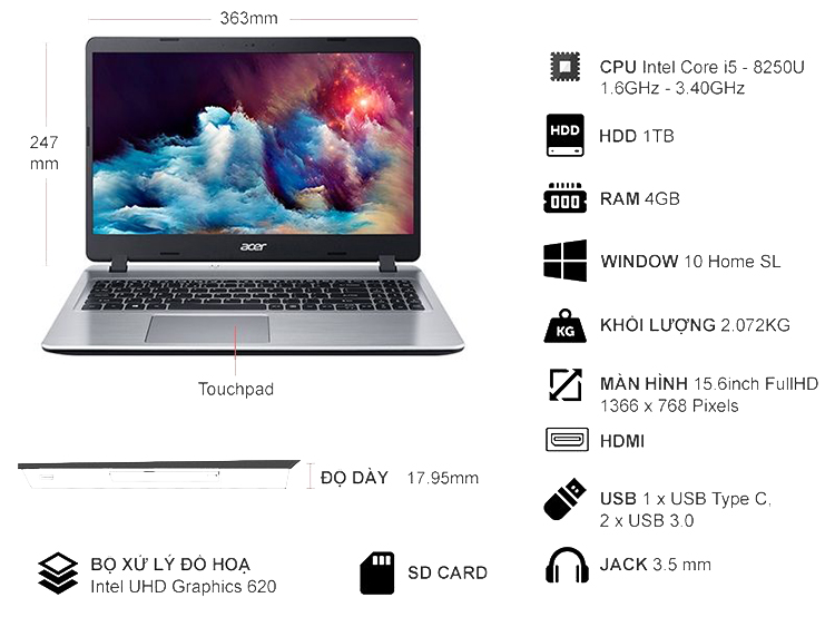 Laptop Acer Aspire A515-53-50ZD NX.H6DSV.001 Core i5-8250U/Win10 (15.6 Laptop Acer Aspire A515-53-50ZD NX.H6DSV.001 Core i5-8250U/Win10 (15.6