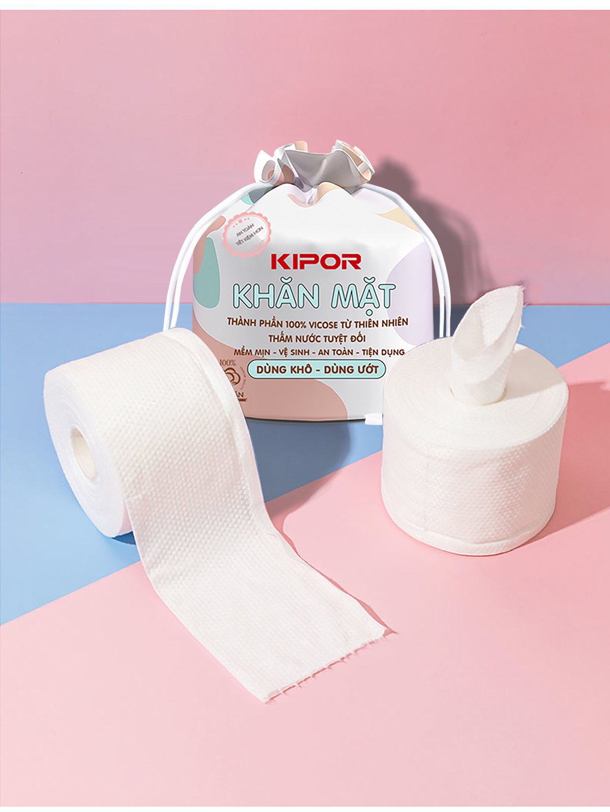 Khăn mặt khô KIPOR dùng 1 lần lau khô, lau ướt - 60 khăn/cuộn, kích thước 20x20cm - Hàng chính hãng