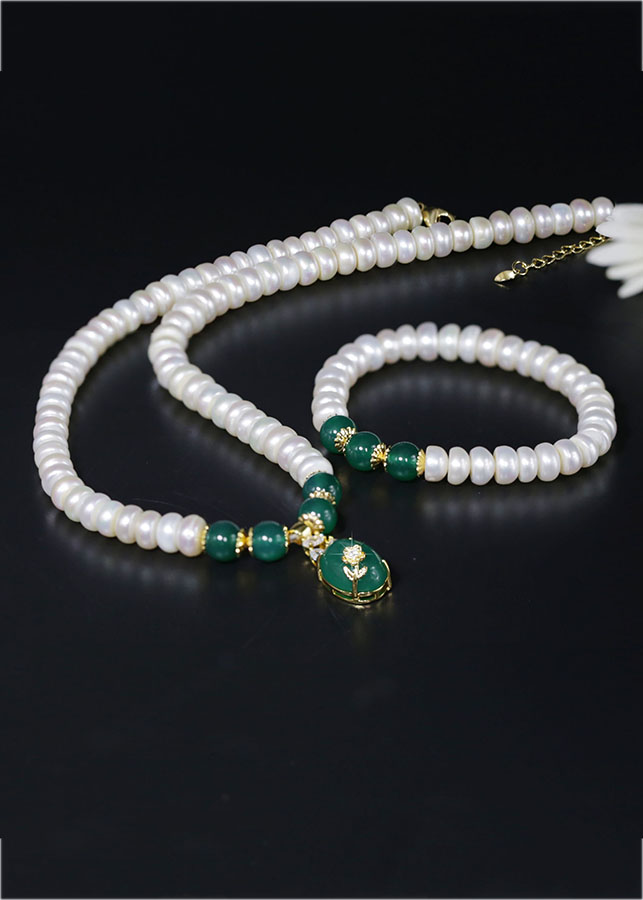 Bộ Chuỗi Ngọc Trai Làm Quà Tặng Đá Mã Não Xanh Sang Trọng - BNJ1308 - Bảo Ngọc Jewelry