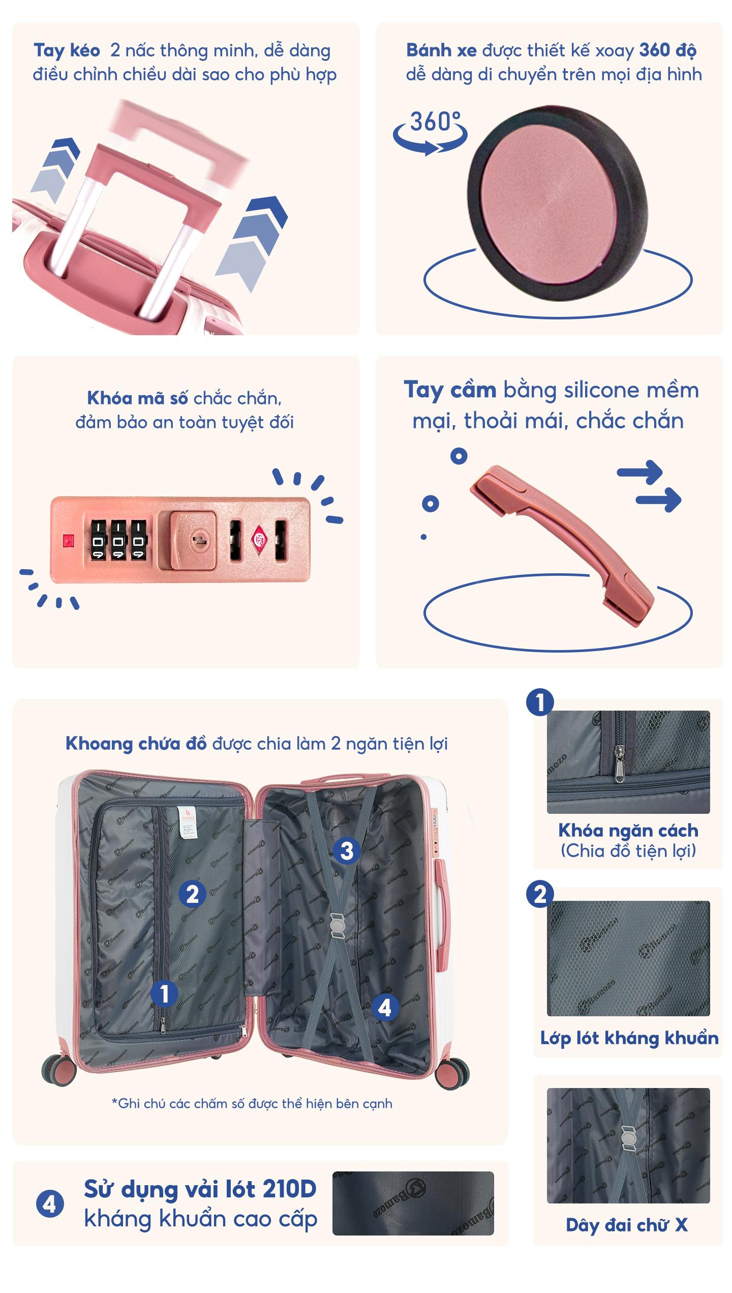 Vali du lịch BAMOZO 8809 vali kéo nhựa được bảo hành 5 năm