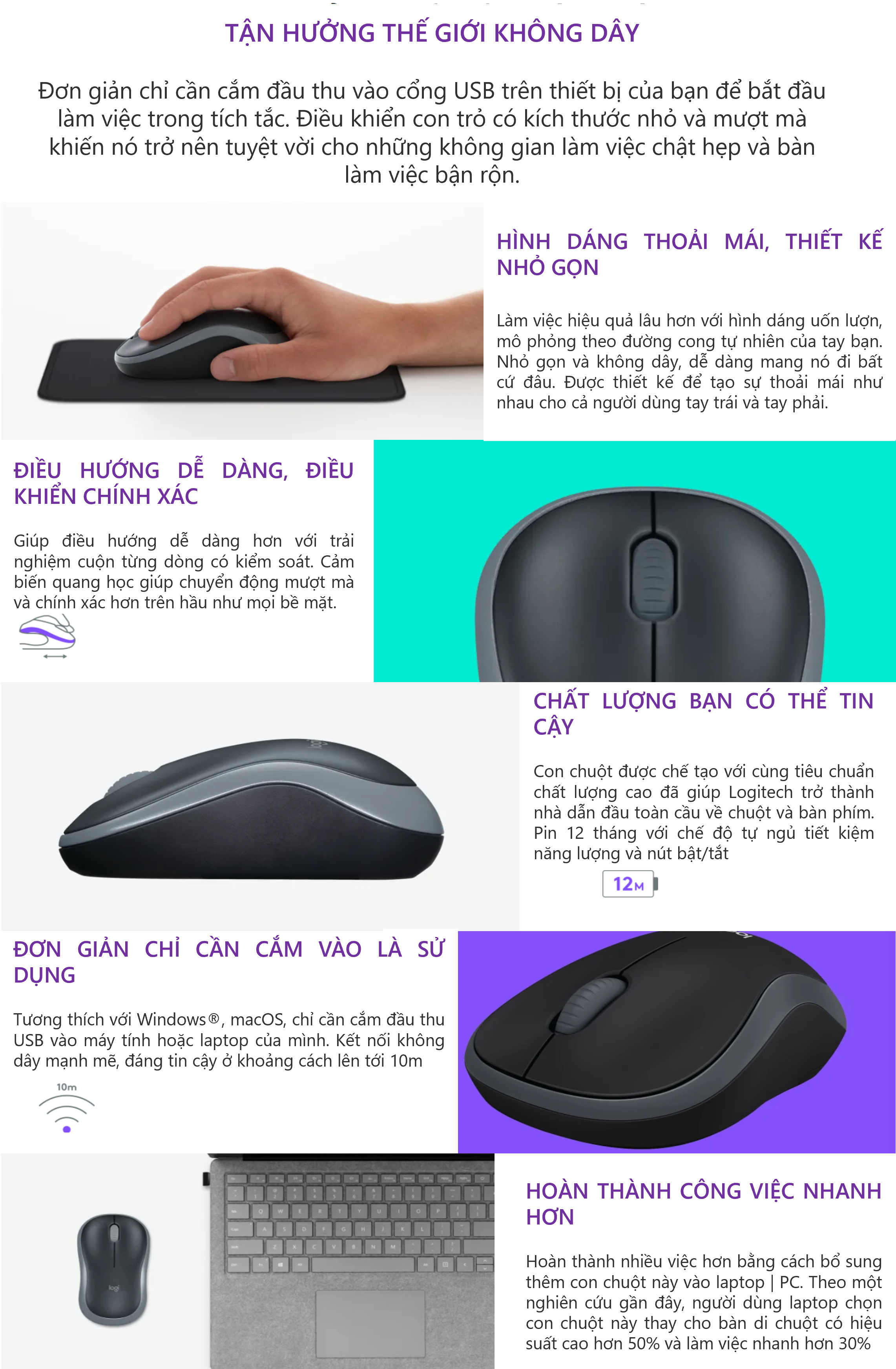 Chuột không dây Logitech B175 - đầu thu USB 2.4Ghz, pin 1 năm, nhỏ gọn, thiết kế thuận cả 2 tay, phù hợp PC/ Laptop - Hàng chính hãng