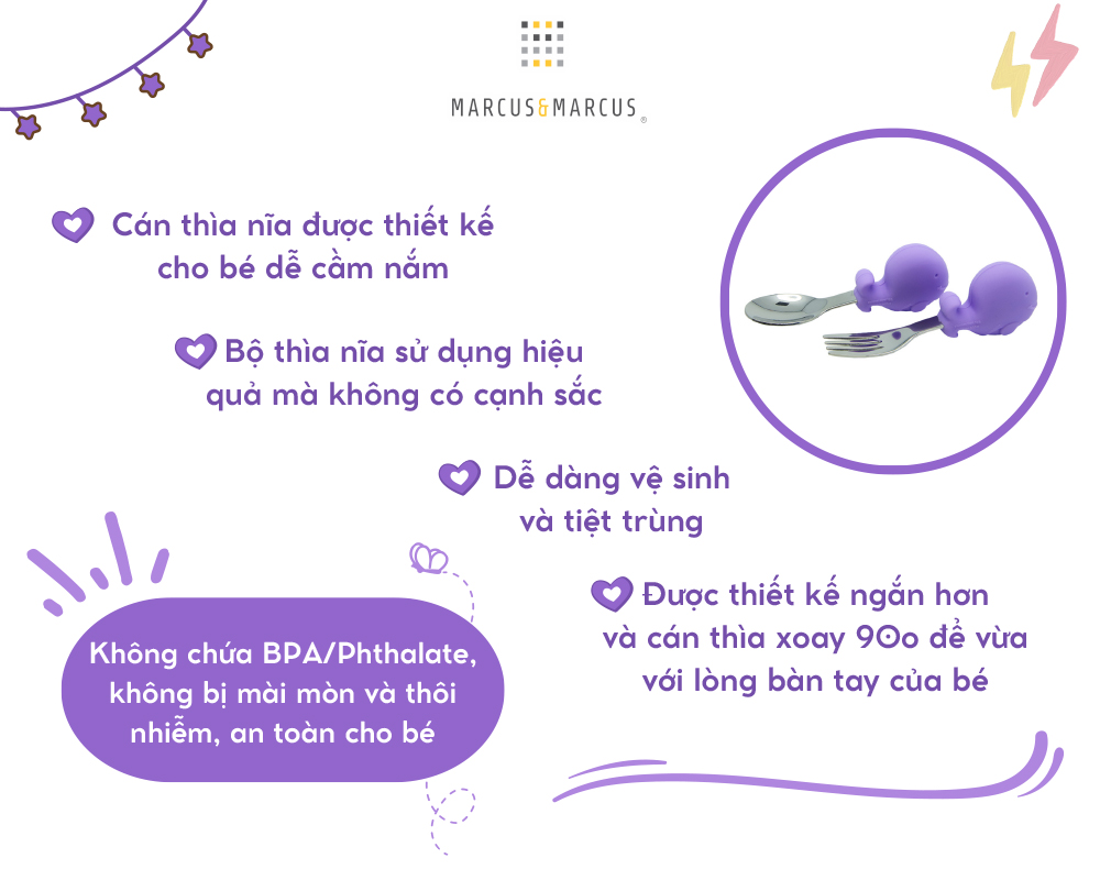 Bộ thìa nĩa tập ăn cho bé Palm Grasp Marcus & Marcus, từ 18 tháng
