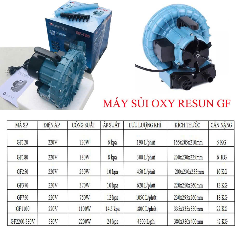 Máy Sò Thổi Khí Resun GF-120 GF180 GF250 GF370 GF750 GF1100 - Máy Sủi Oxy Con Sò Công Suất Lớn Máy sủi khí cánh quạt Risse GF 120 - 750 là sản phẩm không thể thiếu dành cho các hồ cá, bể nuôi tôm, thủy hải sản. Với thiết kế hiện đại, hoạt động bền bỉ và hiệu suất cao, dòng sản phẩm này đã chiếm trọn niềm tin của người dùng Việt Nam. - Ưu điểm nổi bật của Máy Sủi Khí Risse GF + Hiệu suất mạnh mẽ: Lượng khí lớn, đảm bảo cung cấp đủ oxy cho hồ nuôi. + Tiết kiệm điện: Công suất tiêu thụ thấp giúp giảm chi phívận hành. + Độ bền cao: Thiết kế chắc chắn, tuổi thọ lâu dài, hoạt động ổn định trong mọi điều kiện. + Lắp đặt dễ dàng: Sử dụng thuận tiện, phù hợp với nhiều loại bể và hồ nuôi thủy sản. + Giá thành hợp lý: Là lựa chọn hàng đầu trong phân khúc máy sủi khí công nghiệp. - Thông số kỹ thuật: 1. Risse GF 120 Công suất: 120W Áp suất: 6 Kpa Lượng khí tối đa: 190L/phút Kích thước: 165x205x210mm Trọng lượng: 5kg 2. Risse GF 180 Công suất: 180W Áp suất: 8 Kpa Lượng khí tối đa: 300L/phút Kích thước: 200x230x225mm Trọng lượng: 6kg 3. Risse GF 250 Công suất: 250W Áp suất: 10 Kpa Lượng khí tối đa: 450L/phút Kích thước: 200x230x235mm Trọng lượng: 10kg 4. Risse GF 370 Công suất: 370W Áp suất: 10 Kpa Lượng khí tối đa: 620L/phút Kích thước: 220x250x260mm Trọng lượng: 12kg 5. Risse GF 750 Công suất: 750W Áp suất: 15 Kpa Lượng khí tối đa: 1050L/phút Kích thước: 230x295x260mm Trọng lượng: 18kg 6. Risse GF 1100 Công suất: 1100W Áp suất: 14.8 Kpa Lượng khí tối đa: 1800L/phút Kích thước: 335x335x350mm Trọng lượng: 22kg - Hướng dẫn sử dụng hiệu quả: + Sử dụng cho các bể, hồ nuôi tôm cá hoặc các dàn bể thủy hải sản. + Đặt máy cao hơn mực nước hoặc sử dụng van một chiều khi nối ống mềm. + Nếu máy rơi vào nước, ngắt điện ngay lập tức. Sấy khô và để từ 2-3 ngày trước khi sử dụng lại. #MaySuiKhi #RisseGF #NuoiThuySan #ThietBiThuySan #SuiKhiCongNghiep #MaySuiKhiRisse #RisseGF120 #RisseGF180 #RisseGF250 #RisseGF370 #RisseGF750 #CungCapOxy #MaySuiKhiBenBi #TietKiemDien #HoTroNuoi ThuySan