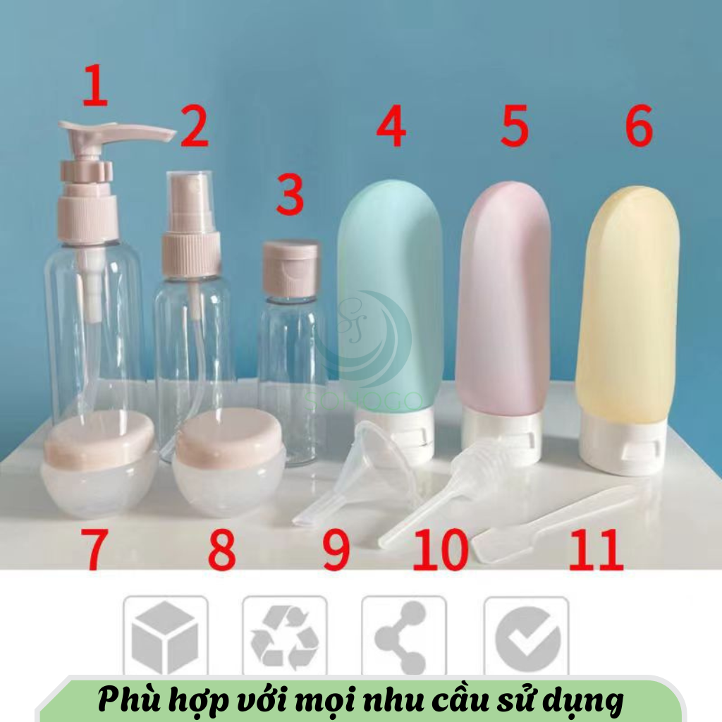 Bộ 11 Lọ Chiết Mỹ Phẩm Du Lịch Tiện Dụng Kèm Túi Đựng 11 Món- Chọn màu-Combo 11 Món Chai Chiết Du Lịch Cao Cấp – Silicone Mềm, Đa Dụng, Chuẩn Mang Lên Máy Bay