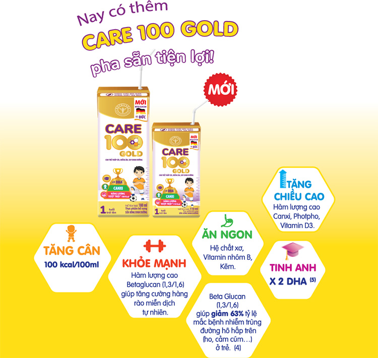Thùng sữa nước Nutricare Care 100 Gold - phát triển toàn diện cho trẻ từ 1 tuổi (180ml x 48 hộp)