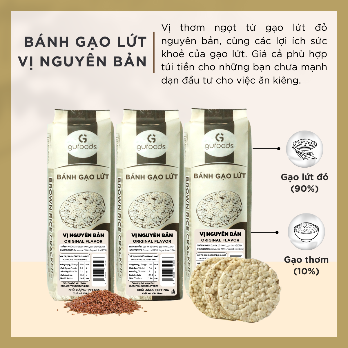Bánh gạo lứt GUfoods (510g) - Không chiên dầu, Không đường, Từ gạo và ngũ cốc nguyên hạt, Lành mạnh, Phù hợp Eat clean, Ăn vặt healthy, Thực dưỡng, Tập gym, Thuần chay, Đa dạng hương vị
