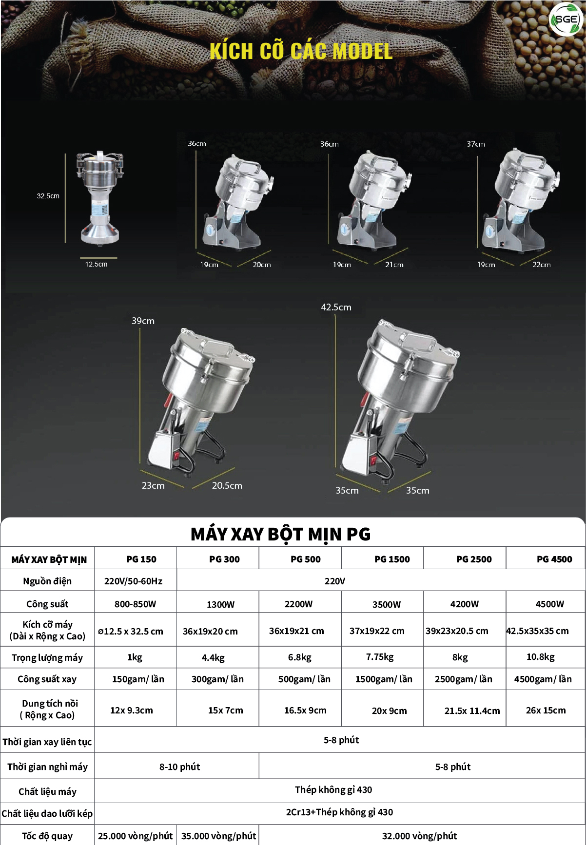 Máy xay bột mịn PG500. Xay liên tục mạnh mẽ hàng đầu Việt Nam. Hàng chính hãng Thái Lan chất lượng cao.