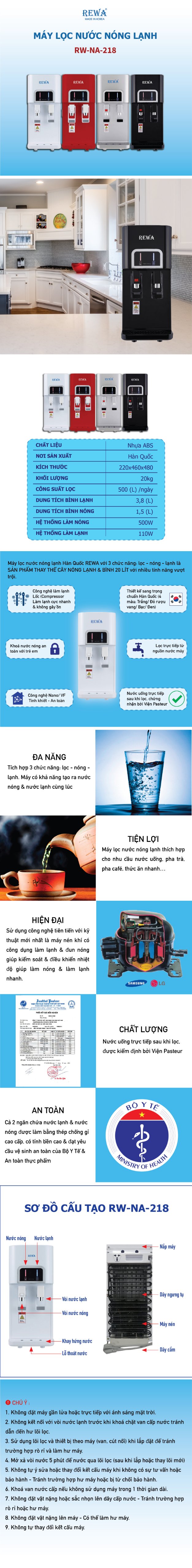 Máy Lọc Nước Nóng Lạnh Rewa RW-NA-218 - Black - Hàng Chính Hãng