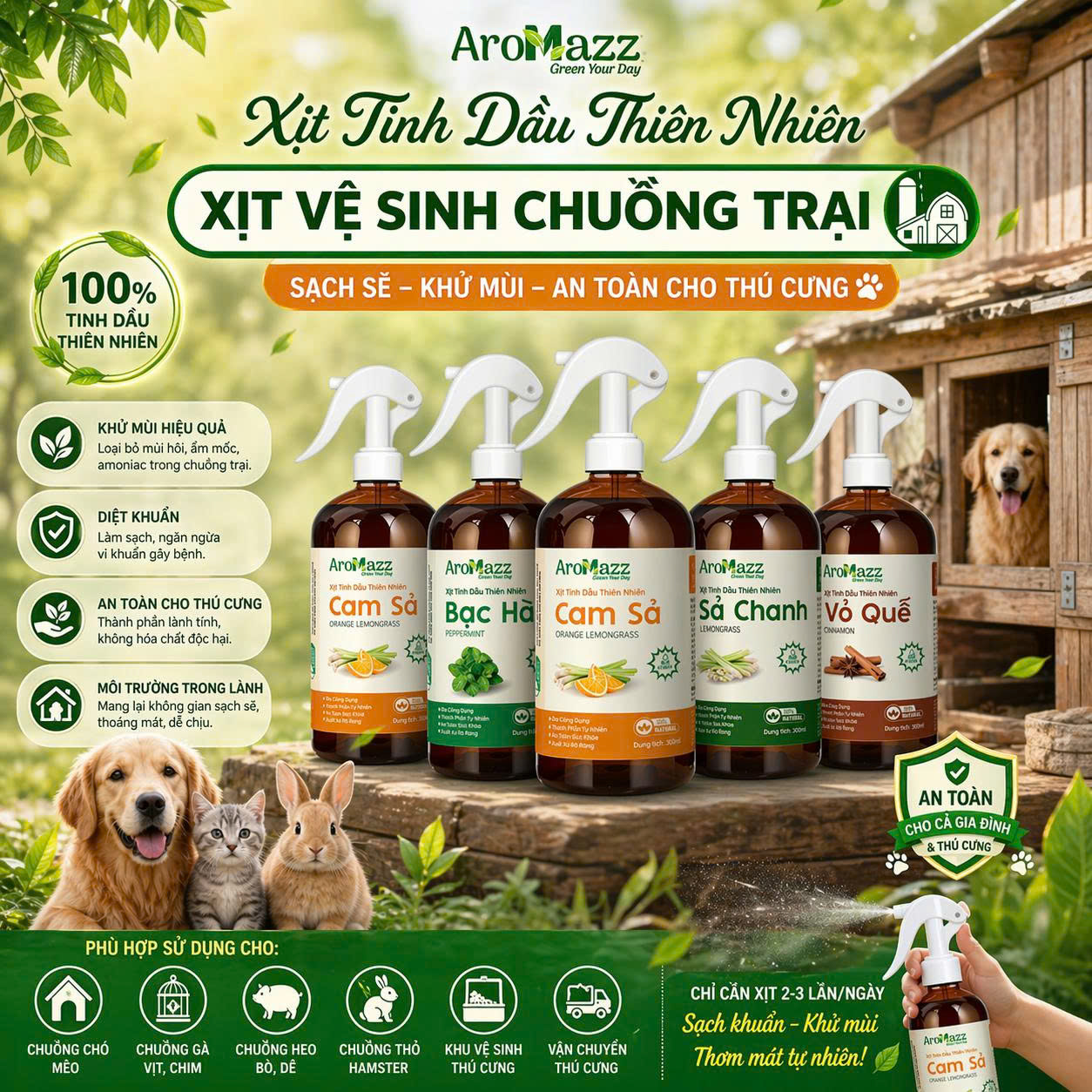 Xịt Tinh Dầu Vệ Sinh Chuồng Trại Thú Cưng , Khử Mùi Xua Đuổi Côn Trùng Nhiều Mùi Sả Chanh, Cam Sả, Vỏ Quế , Bạc Hà Chai Lớn 300ml