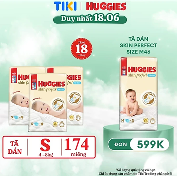 Combo 3 gói Tã/bỉm dán sơ sinh Huggies Skin Perfect S 54+4 miếng với 2 vùng thấm giảm kích ứng da