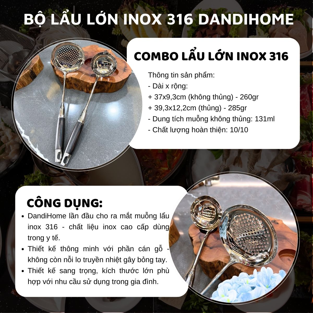 Combo các loại muỗng lẩu DandiHome inox cao cấp, sáng bóng