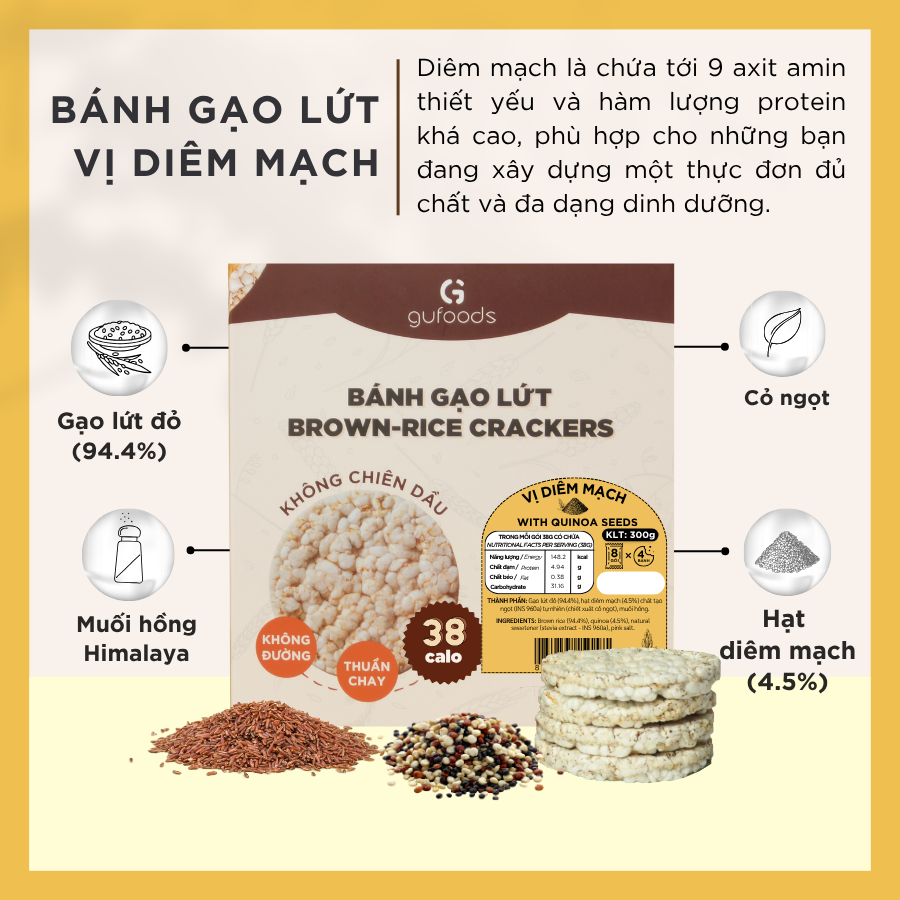 Bánh gạo lứt GUfoods (300g) - Không chiên dầu, Không đường, Từ gạo và ngũ cốc nguyên hạt, Lành mạnh, Phù hợp Eat clean, Ăn vặt healthy, Thực dưỡng, Tập gym, Thuần chay, Đa dạng hương vị
