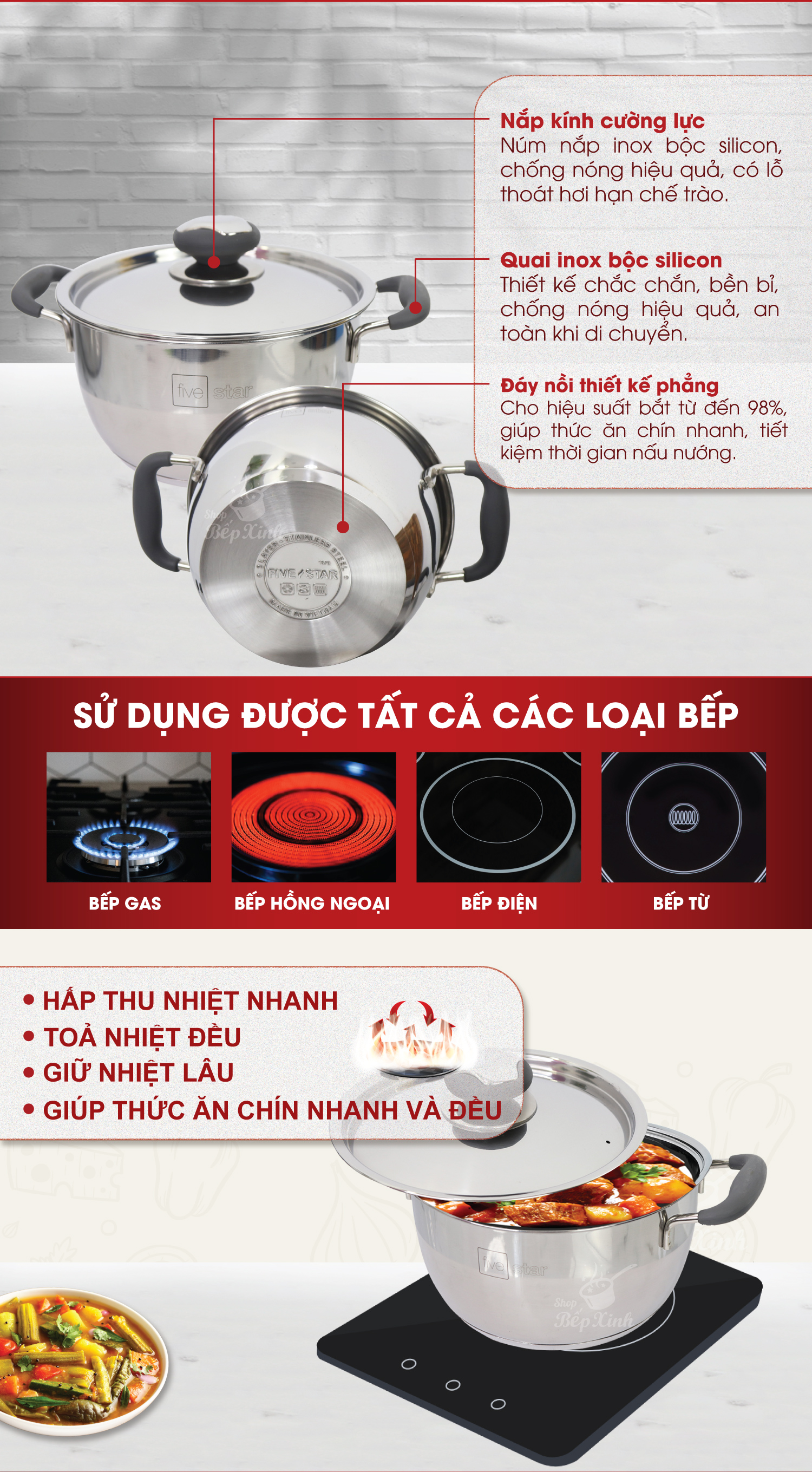Nồi Inox đáy từ Fivestar Quai Silicon - Tặng 5 muỗng inox