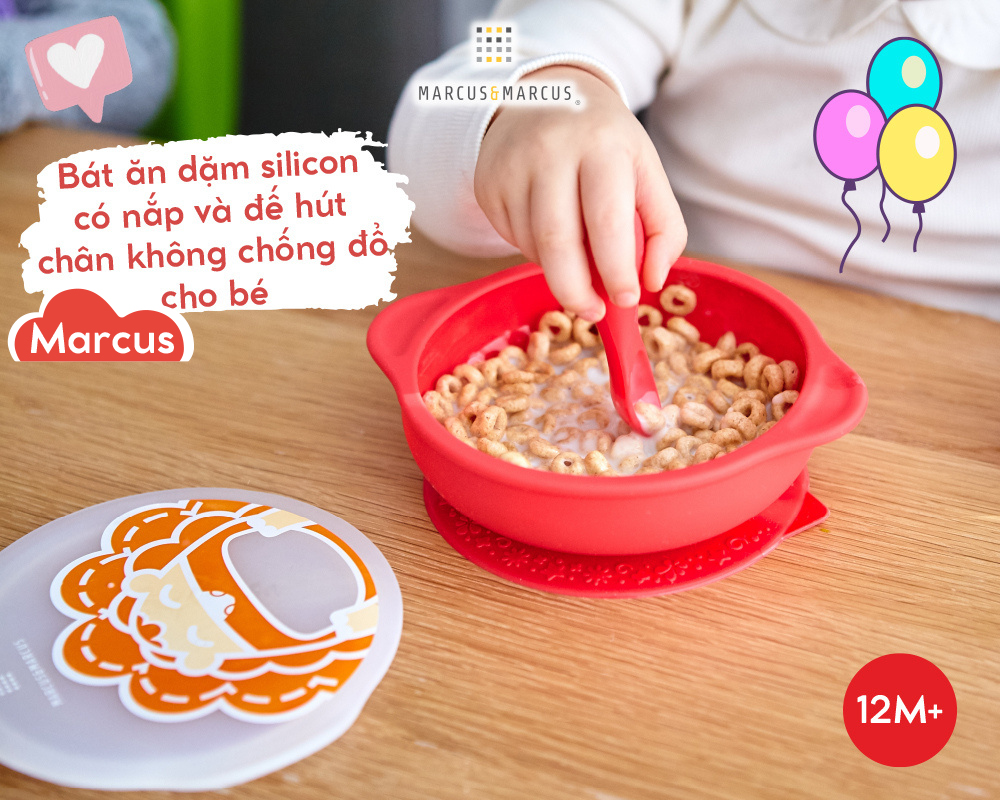 Bát tập ăn silicon có nắp và đế hút chân không chống đổ cho bé Marcus & Marcus, từ 12 tháng