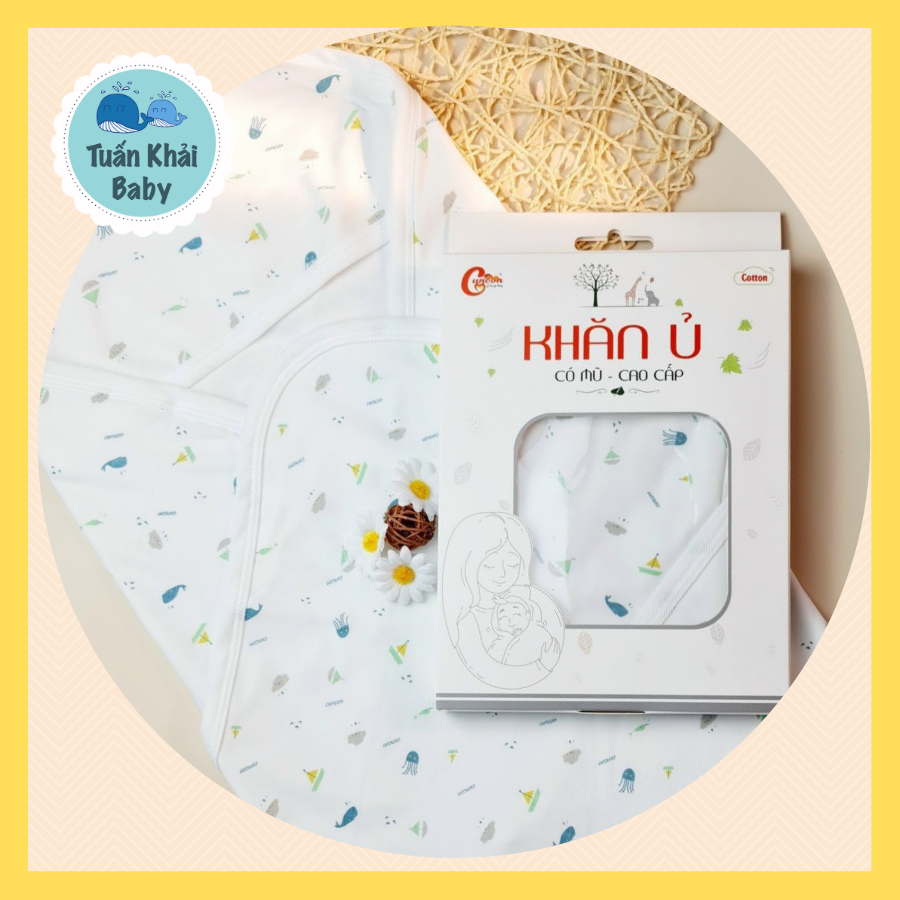 Hộp 1 Khăn Quấn Ủ Sơ Sinh Có Mũ Cao Cấp 2 Lớp CUNCON - Chất Vải Thun Co Giãn 4 chiều, ấm áp, thoải mái