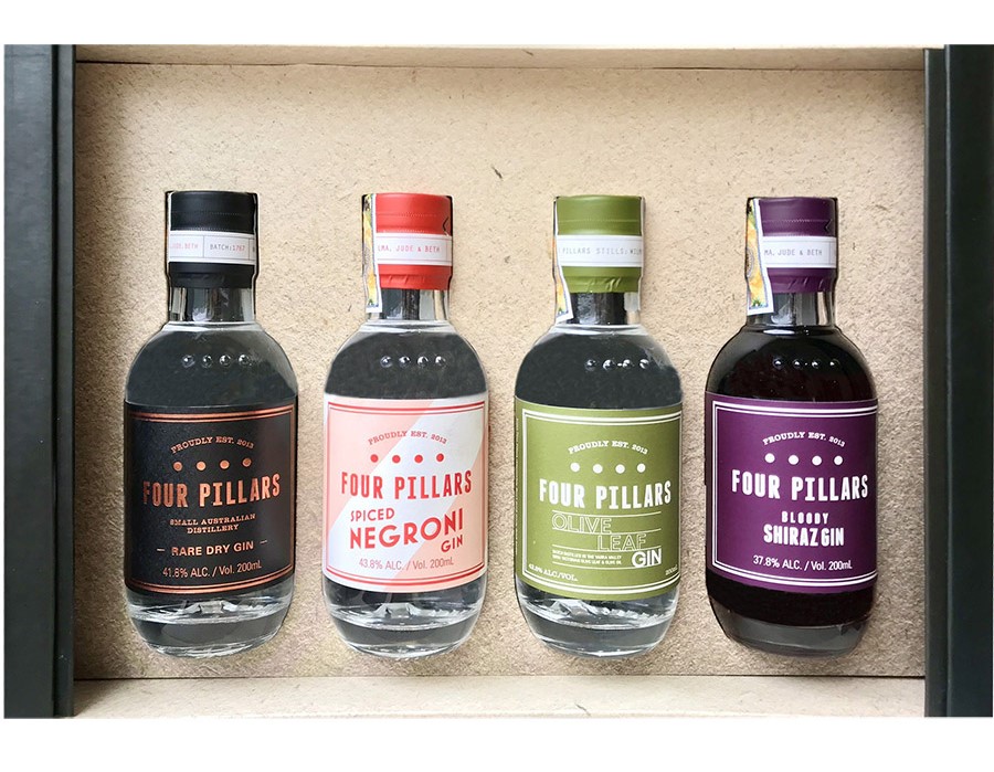 Combo 4 chai Fourpillars Mini 200ml: 1 Olive Leaf 43.8%, 1 Spiced Negroni 43.8%, 1 Rare Dry 41.8%, 1 Bloody Shiraz 37.8% - Kèm hộp