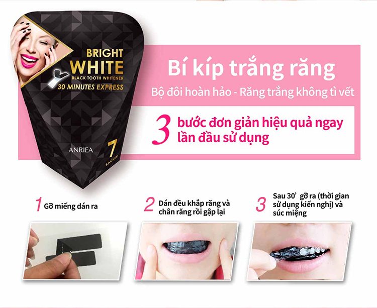 [Liệu Trình 7 Ngày + Kem Đánh Răng (Hương Cam) Tặng Bàn Chải Đánh Răng] Miếng Dán Trắng Răng Anriea Black Tooth Whitening - 30 Minutes Express