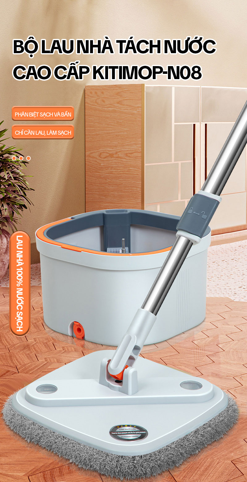 Bộ Cây Lau Nhà Tách Nước Bẩn KITIMOP N08 PRO, Thùng Lau Nhà Tự Vắt Thông Minh, Chổi Lau Nhà 360 Độ, Lau Sàn Làm Sạch