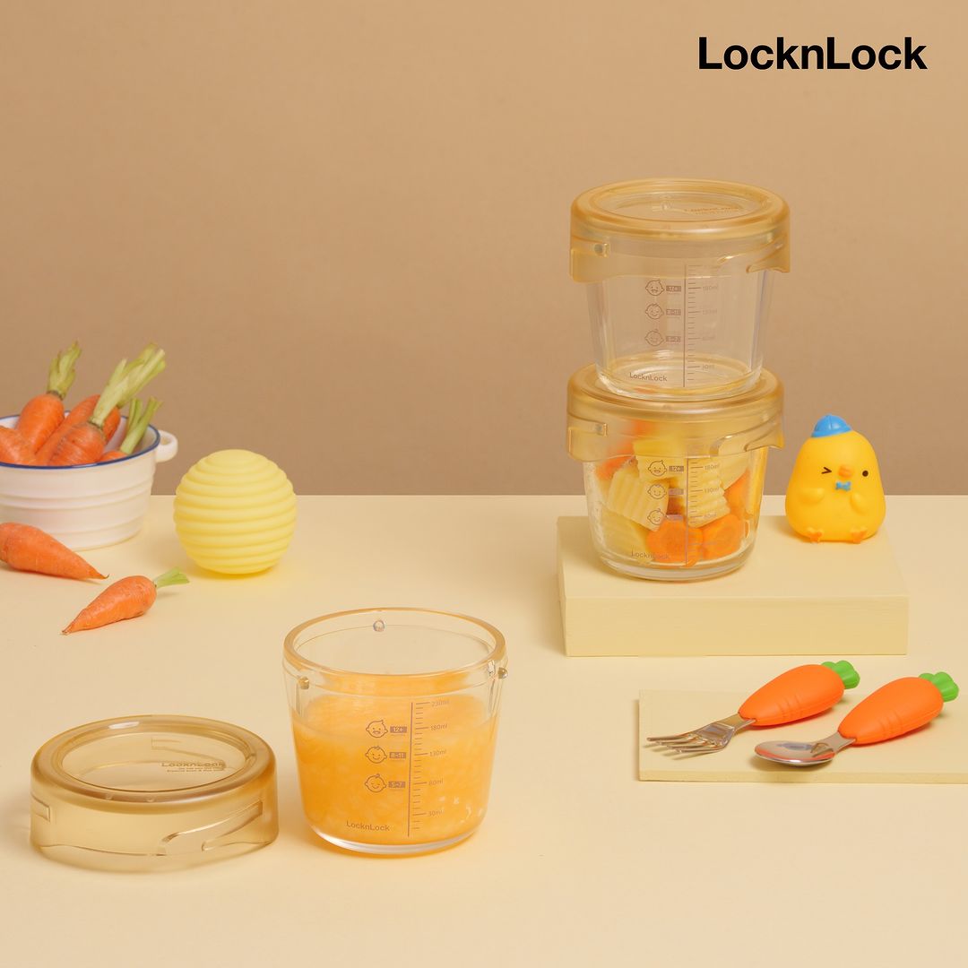 Bộ 3 hộp thủy tinh đựng thức ăn dặm cho bé Lock&Lock 280ml x 3 hộp LLG542S3IVY - Hàng chính hãng, có vạch chia - JoyMall