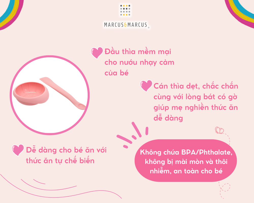 Bộ bát và thìa nghiền thức ăn silicon cho bé Marcus & Marcus, từ 6 tháng - Hồng