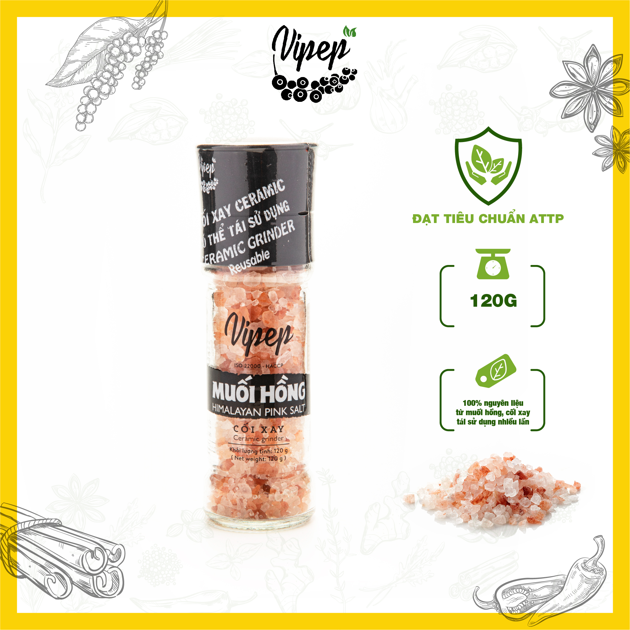 Muối Hồng Himalaya Nguyên Hạt Cối Xay Vipep Hũ Thủy Tinh 120g