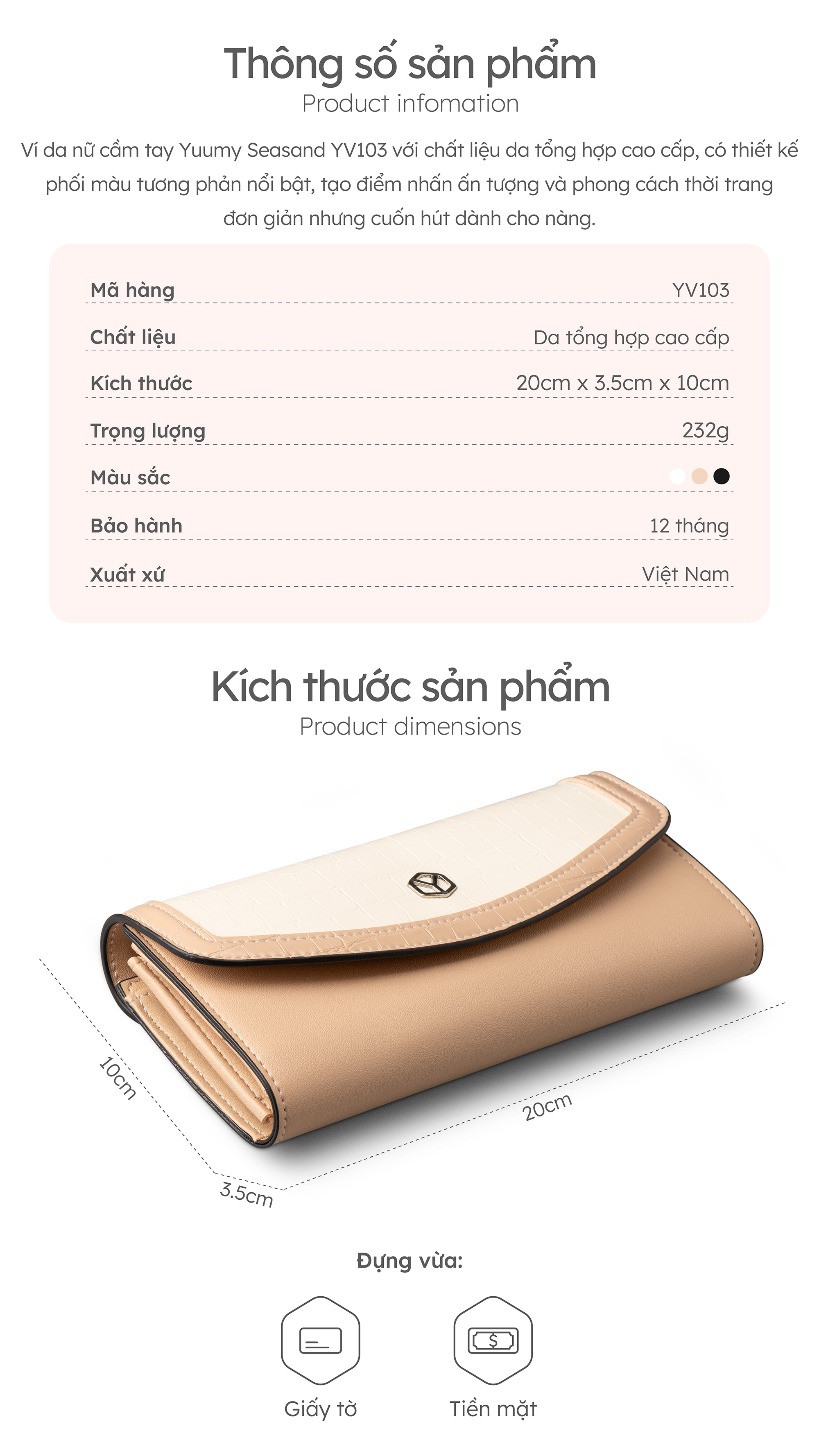 Ví Yuumy ( Thời trang nữ phối màu kèm dây đeo chéo - Ví da Seasand YV103 )