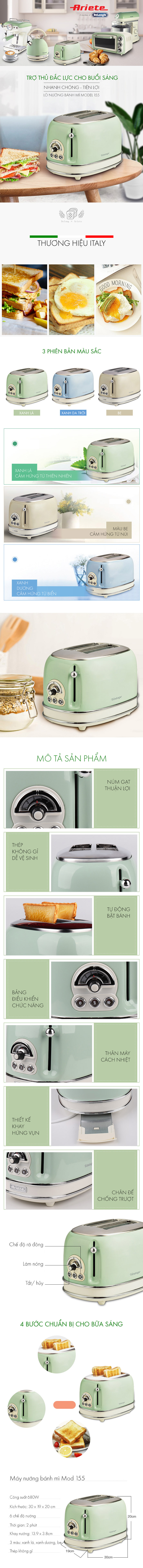 Nướng bánh mỳ 2 khay (Màu xanh da trời) Ariete MOD. 0155/15 - Hàng chính hãng