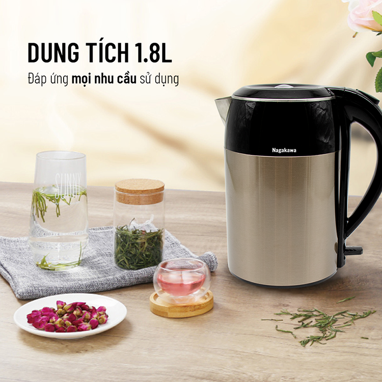 Bình Đun Siêu Tốc 2 Lớp Nagakawa NAG0315 (1.8 Lít) - Đỏ - Hàng Chính Hãng