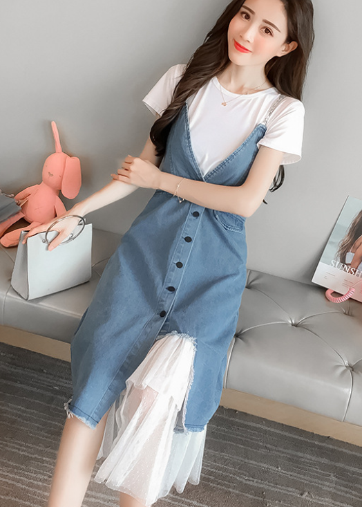 Đầm jeans yếm 2 dây phối voan