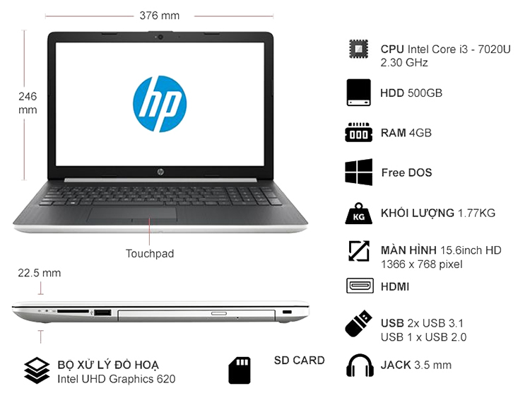 Laptop HP 15-da0050TU 4ME67PA Core i3-7020U/Free Dos (15.6 HD) - Hàng Chính Hãng