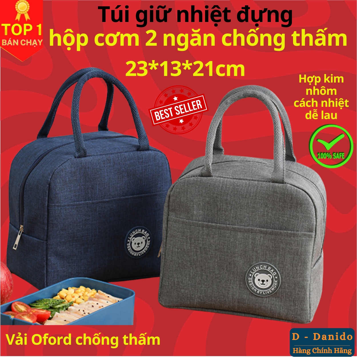 Túi giữ nhiệt đựng hộp cơm 2 ngăn cao cấp - Túi giữ nhiệt đựng cặp lồng cơm chống thấm nước chính hãng D Danido