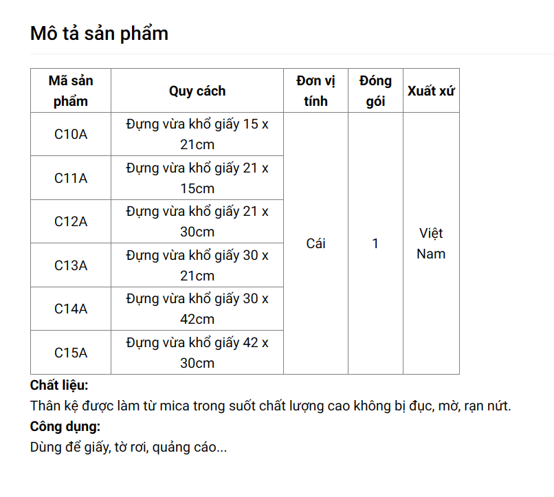 Kệ nhiều giấy treo tường mica Enter C12A 21x30cm A4 đứng, đáy 3mm