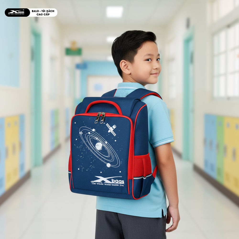 Balo Chống Gù Siêu Nhẹ Cho Bé Tiểu Học Xbags Universe XB3102 Cao Cấp,  Nhiều Ngăn Tiện Dụng, Màu Xanh Phối Đỏ Cá Tính!