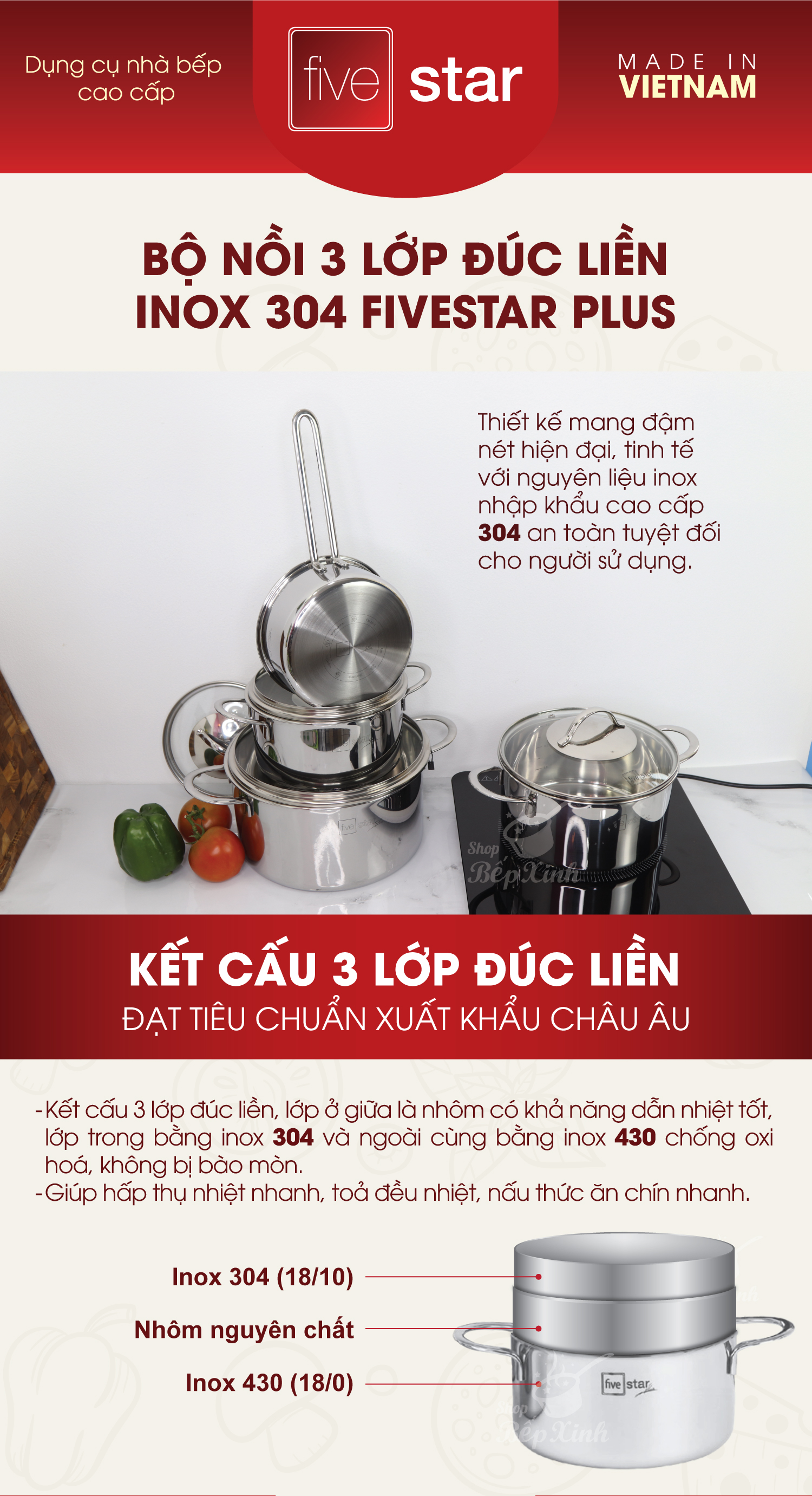 Bộ Nồi Inox 304  bếp từ 3 lớp đáy liền 4 món nắp kính Fivestar tặng 2 muỗng canh