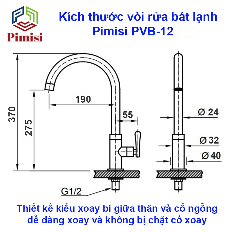 Bản vẽ kich thước vòi rửa bát lạnh Pimisi PVB-12