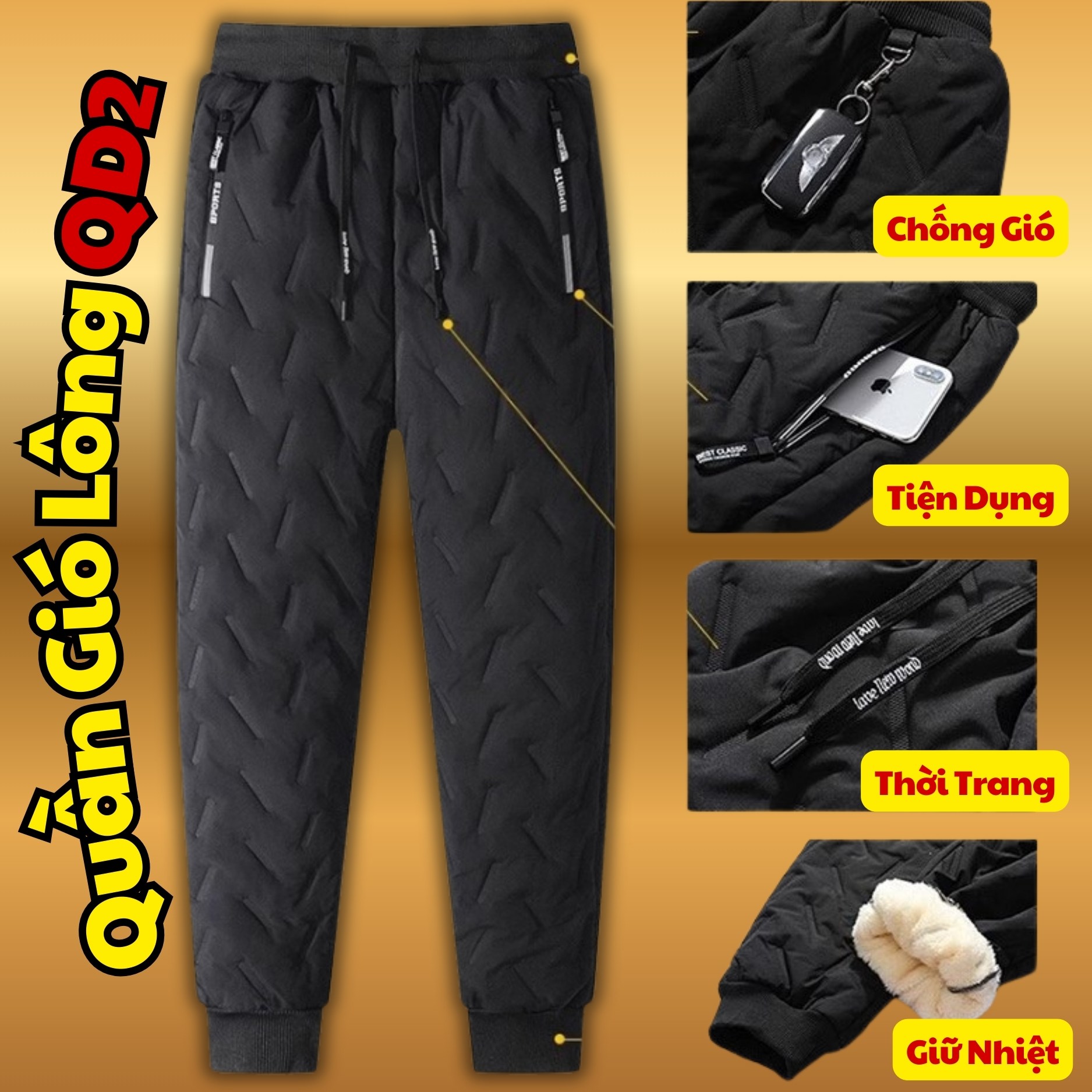 Quần gió lót lông QD2 ấm áp thời trang cho nam, Quần nỉ jogger lót lông QD1 sang trọng và dày dặn D Danido