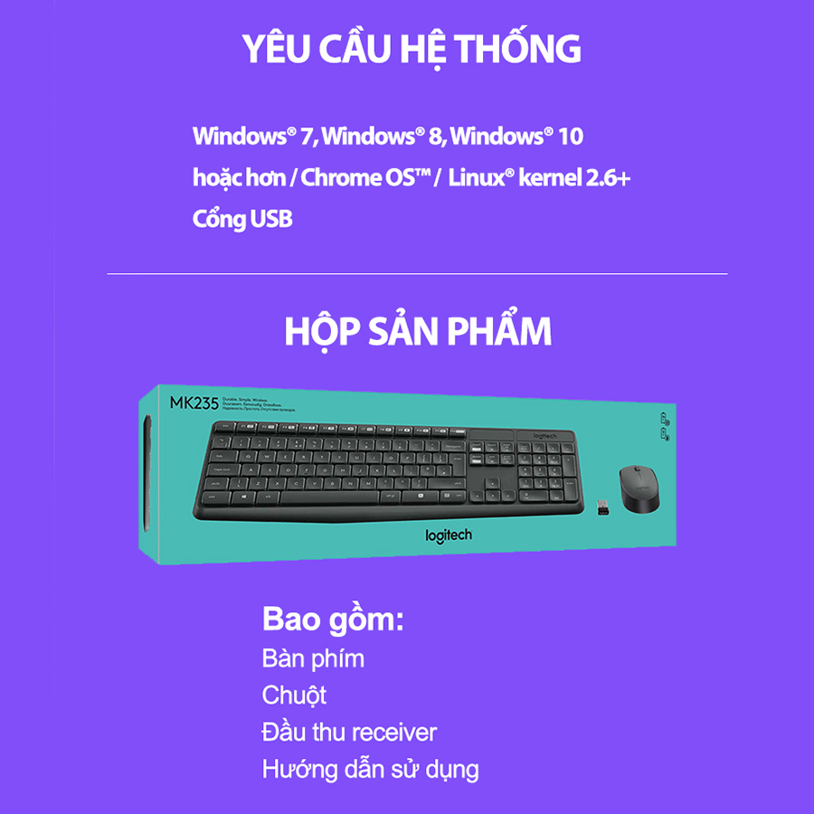 Bộ Bàn Phím Và Chuột Không Dây Logitech MK235 - Hàng chính hãng