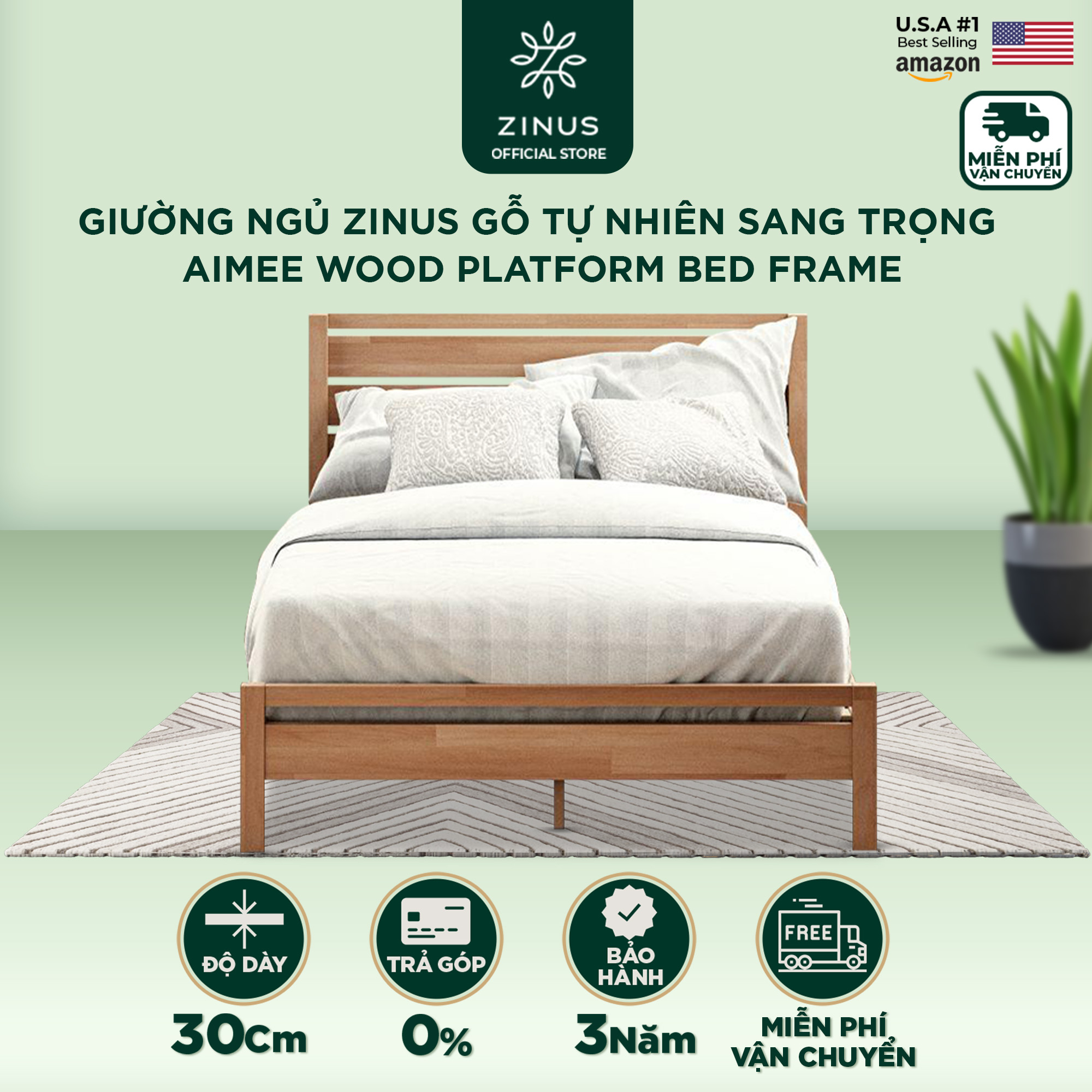 Giường Ngủ Zinus Gỗ Tự Nhiên Sang Trọng Aimee Wood Platform Bed Frame