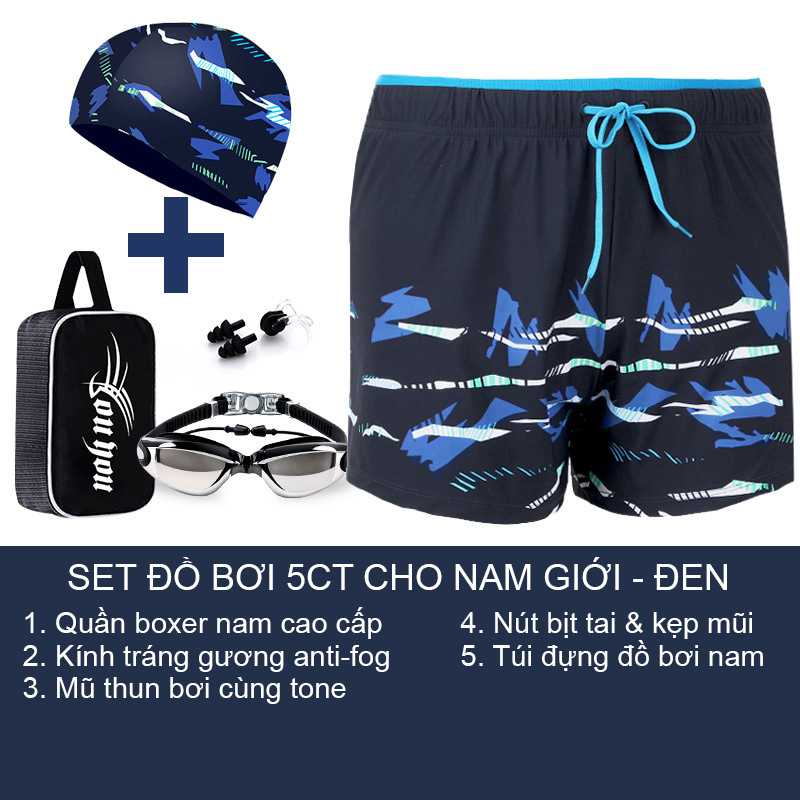 Combo đồ bơi nam giới, set 4,5 chi tiết Quần boxer 2 lớp + Kính bơi anti fog + Mũ + Bịt tai kẹp mũi + Túi đựng, mẫu cao cấp đẹp | BN007