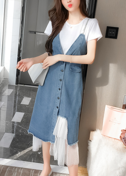 Đầm jeans yếm 2 dây phối voan