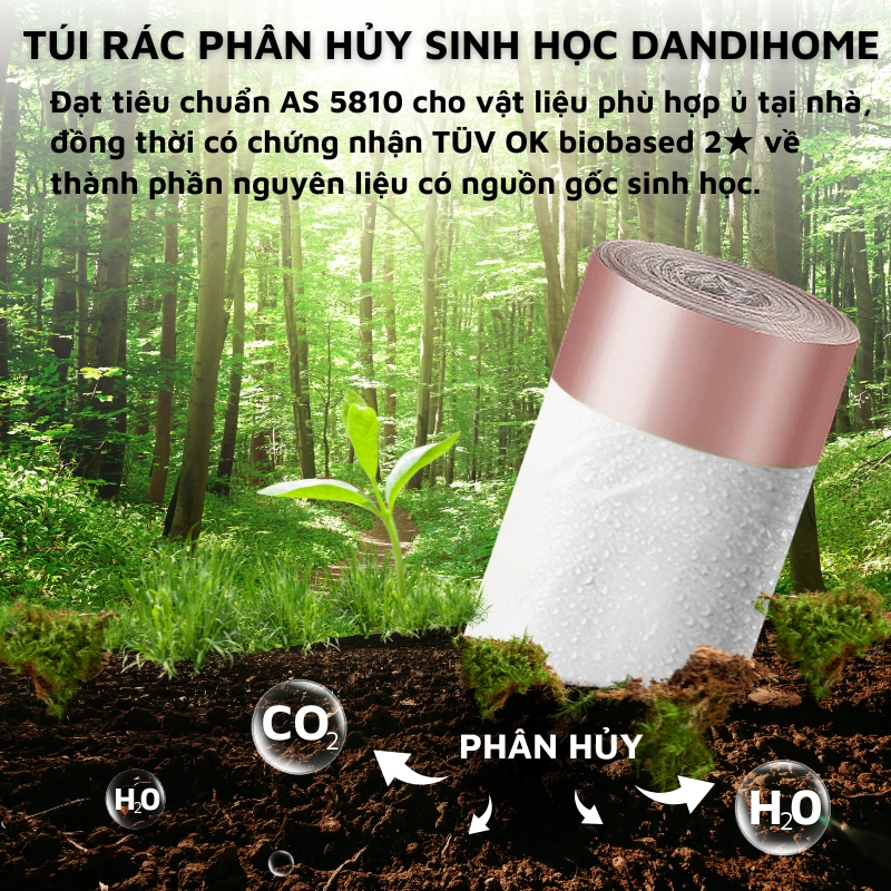Túi rác, túi đựng rác tự hủy sinh học DandiHome có dây rút, túi rác không gây hại cho môi trường