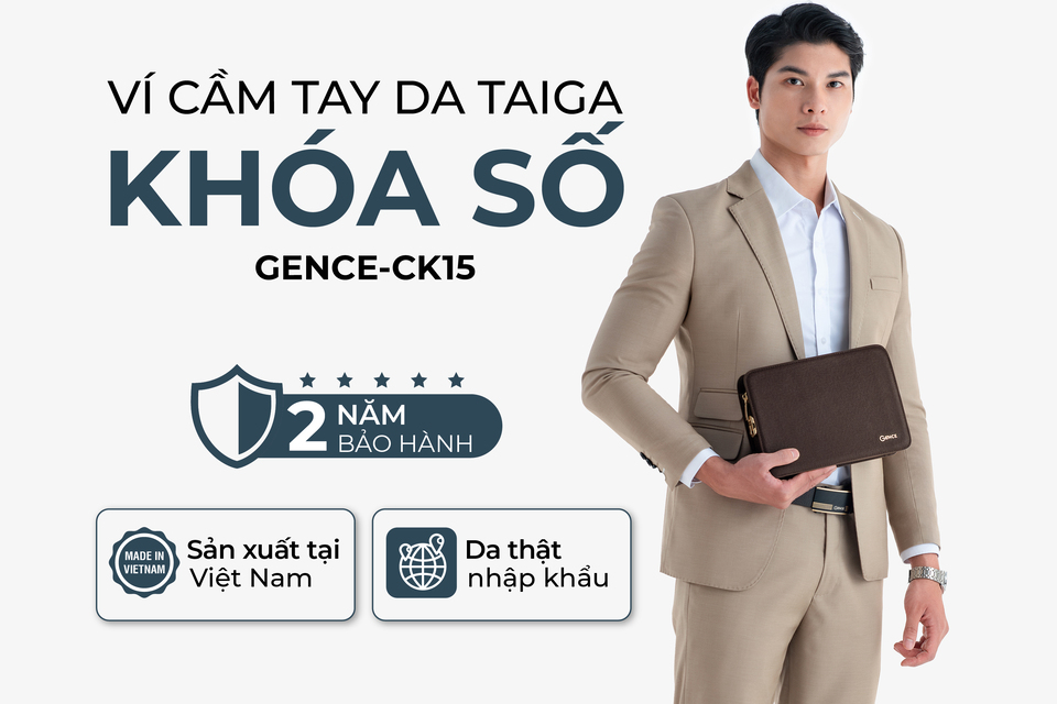 Ví Cầm Tay Clutch Da Nam Hàng Hiệu GENCE CK15 Da Bò Khóa Số Cao Cấp Màu Nâu