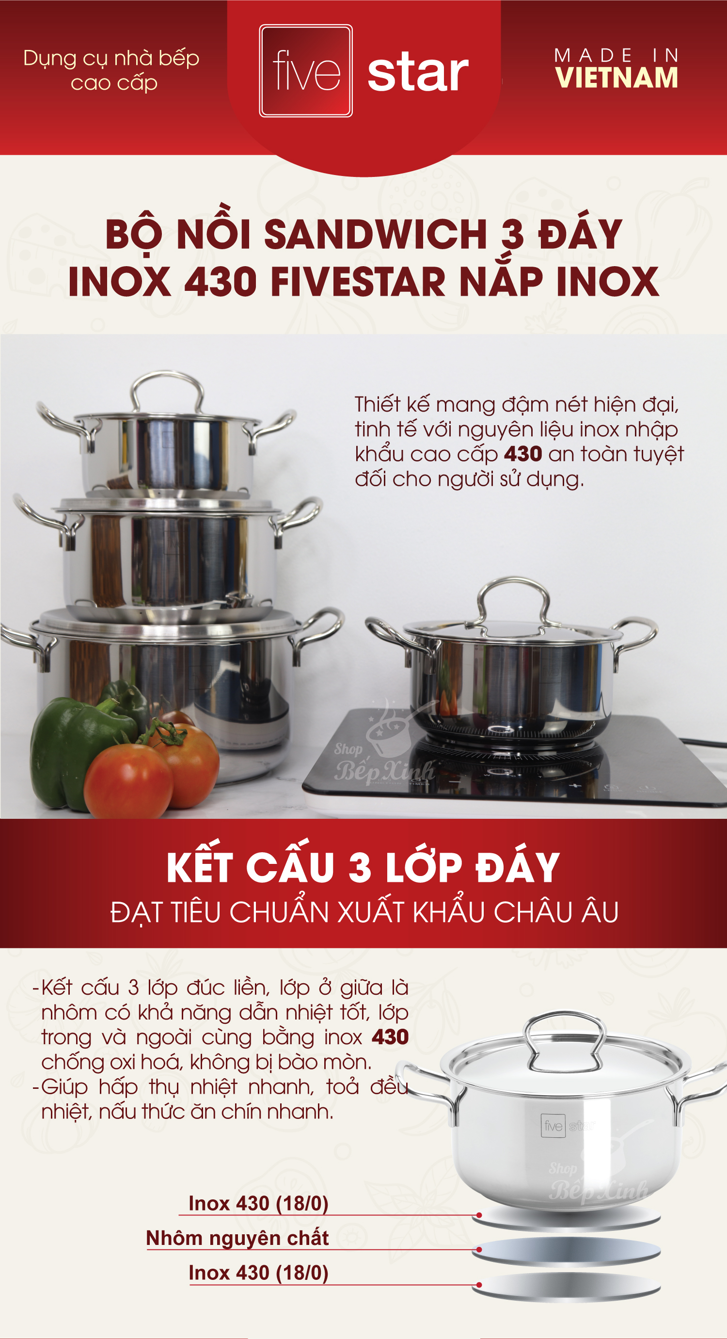 Nồi inox 3 đáy sandwich  FiveStar Standard nắp inox ( 16cm/18cm/ 20cm/24cm ),tặng 1 muỗng canh, dùng được mọi bếp