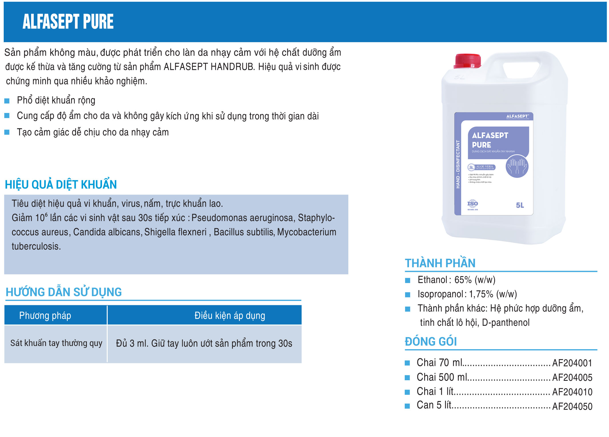 dung dịch nước rửa tay khô sát khuẩn alfasept pure 5l - hiệu quả vi sinh 99% vi khuẩn, thân thiện với da tay 3