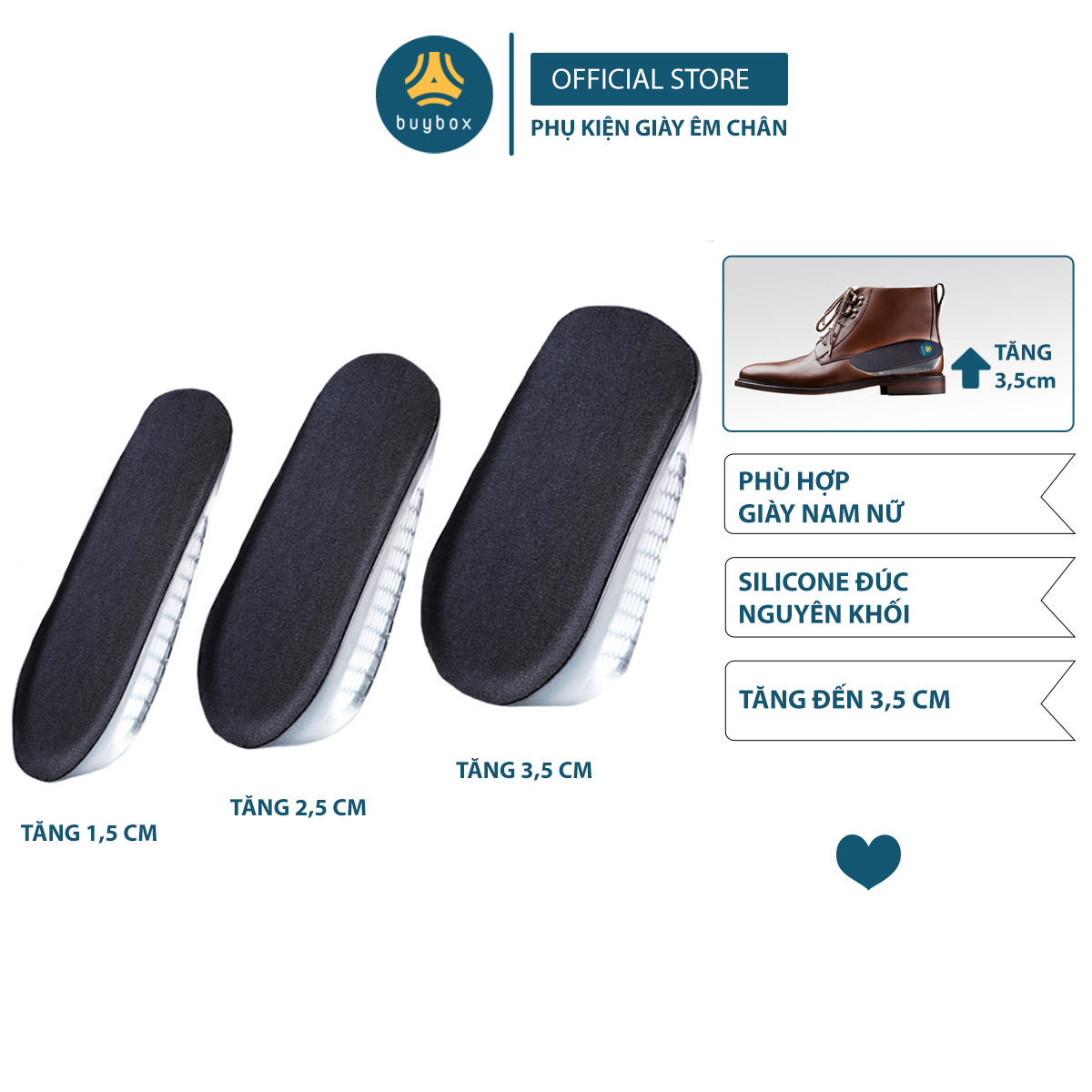 Lót độn đế giày silicone nguyên khối trong suốt, mềm dẻo, chống thốn, tăng 1.5cm, 2.5cm, 3.5cm chiều cao - BuyBox - BBPK217