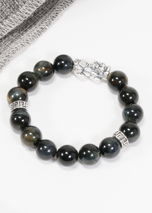 Vòng Thạch Anh Mắt Hổ Xanh Đen Phối Tỳ Hưu Bạc (12mm) Ngọc Quý Gemstones